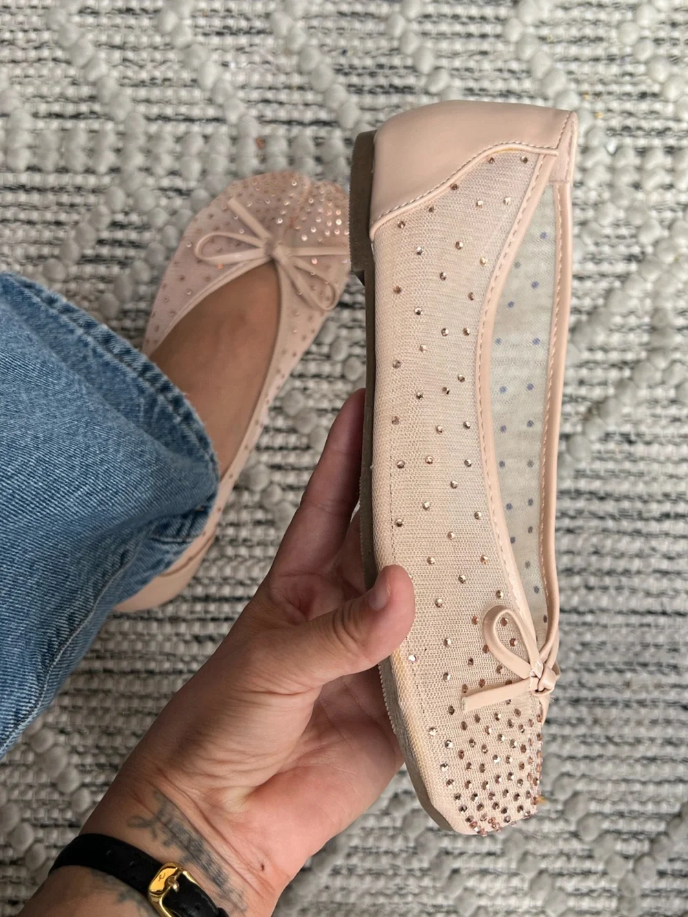 Nude Mesh Tabi Bow with Rhinestone Accents Split Toe Tabis Flat